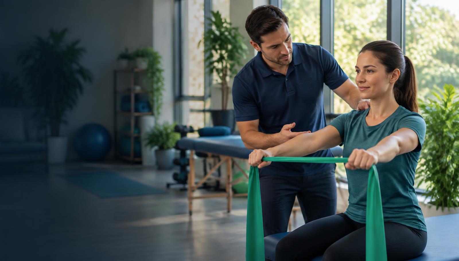 A physical therapist guiding a patient through a resistance-band exercise in a bright clinic